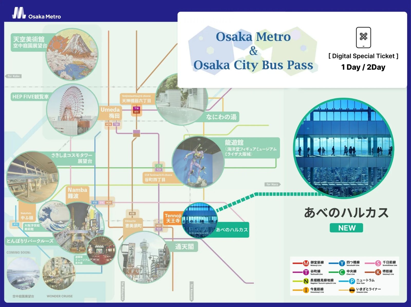 Combo Tickets: Harukas 300 Observatory Admission Ticket & [Digital Special Ticket] Osaka Metro & Osaka City Bus Pass